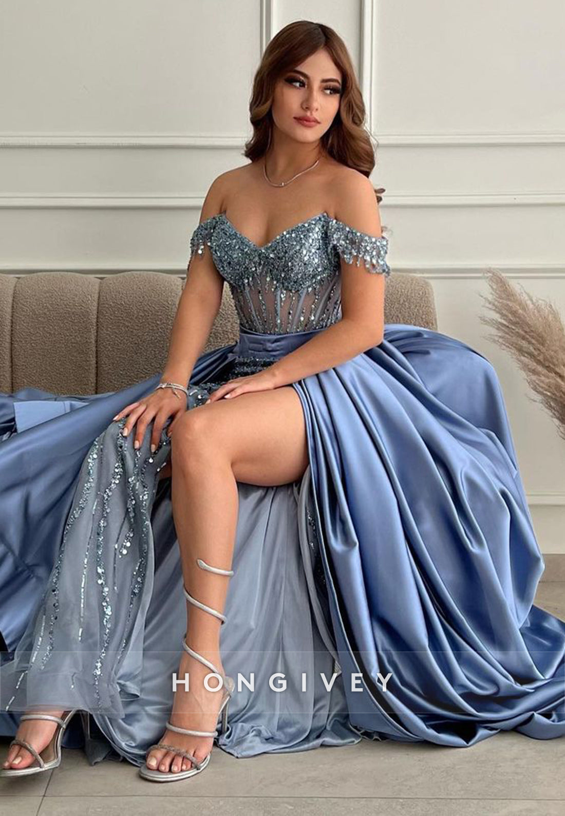 L1001 - Sparkly Crystal Beaded Illusion With Train And Slit Party Prom Formal Evening Dress