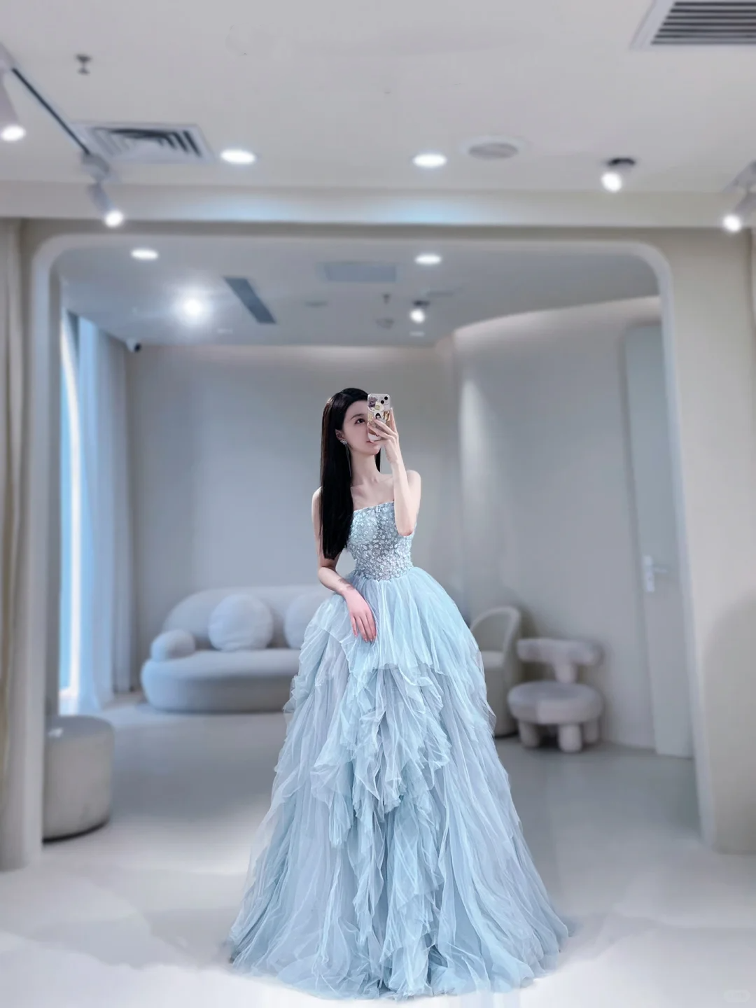 Cute Ball Gown Strapless Tulle Layered Blue Long Prom Dresses Impress 20th Birthday Outfits Prom Gown AB903