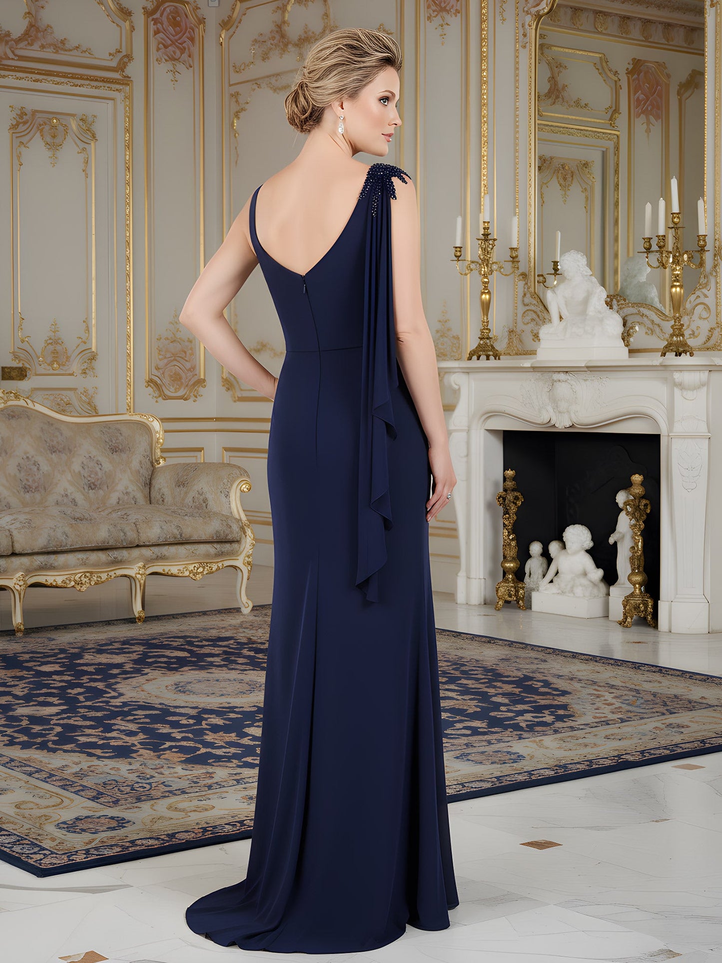 Beaded Asymmetrical Neck Pleated Sweep Train Gown Dark Navy