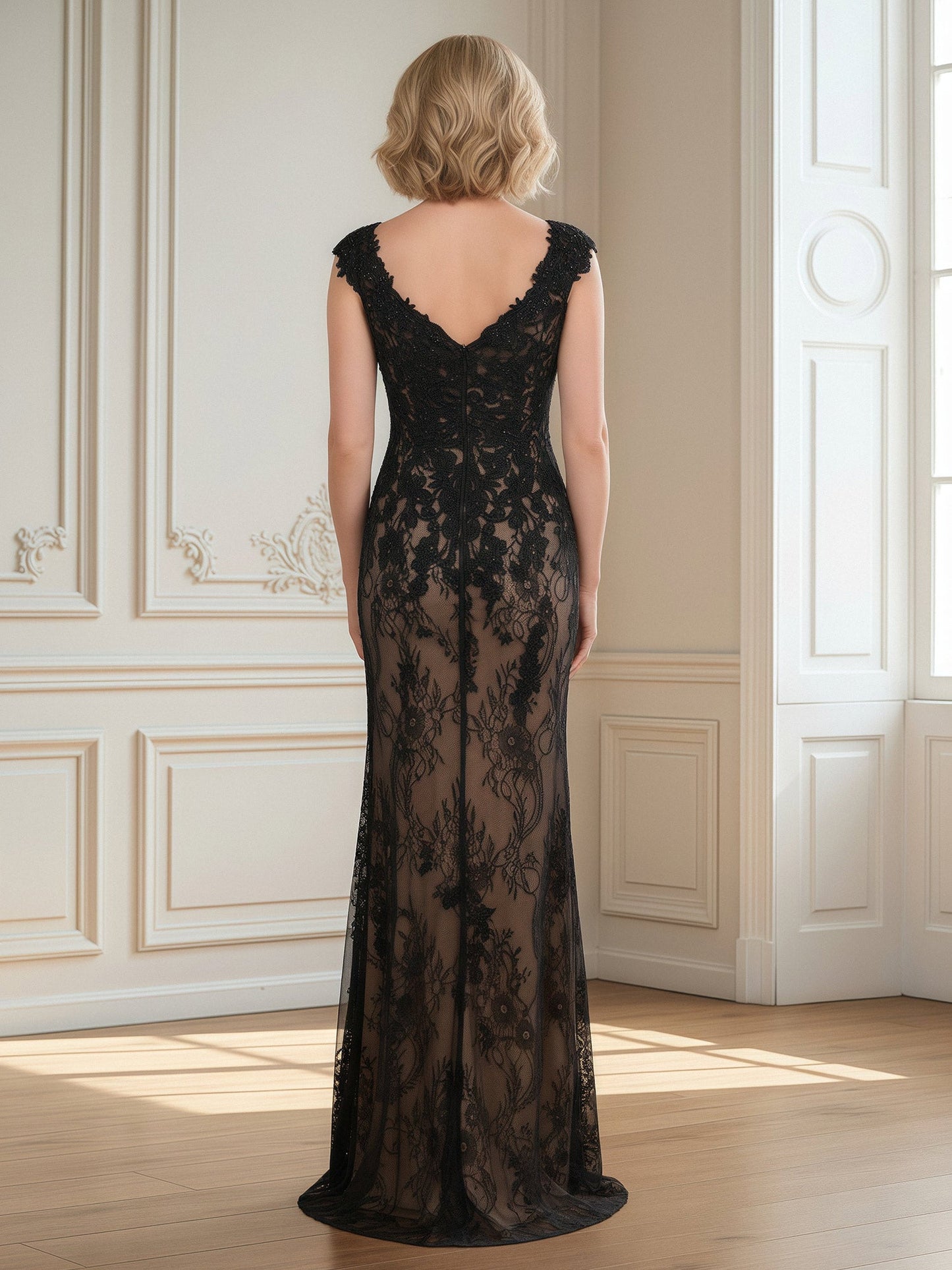 V-neck Beaded Lace Tulle Mermaid Dress With Slit Black