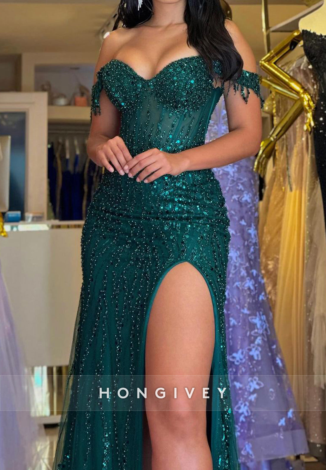 L2957 - Chic Trumpet Off-Shoulder Beaded With Side Slit Prom Dress