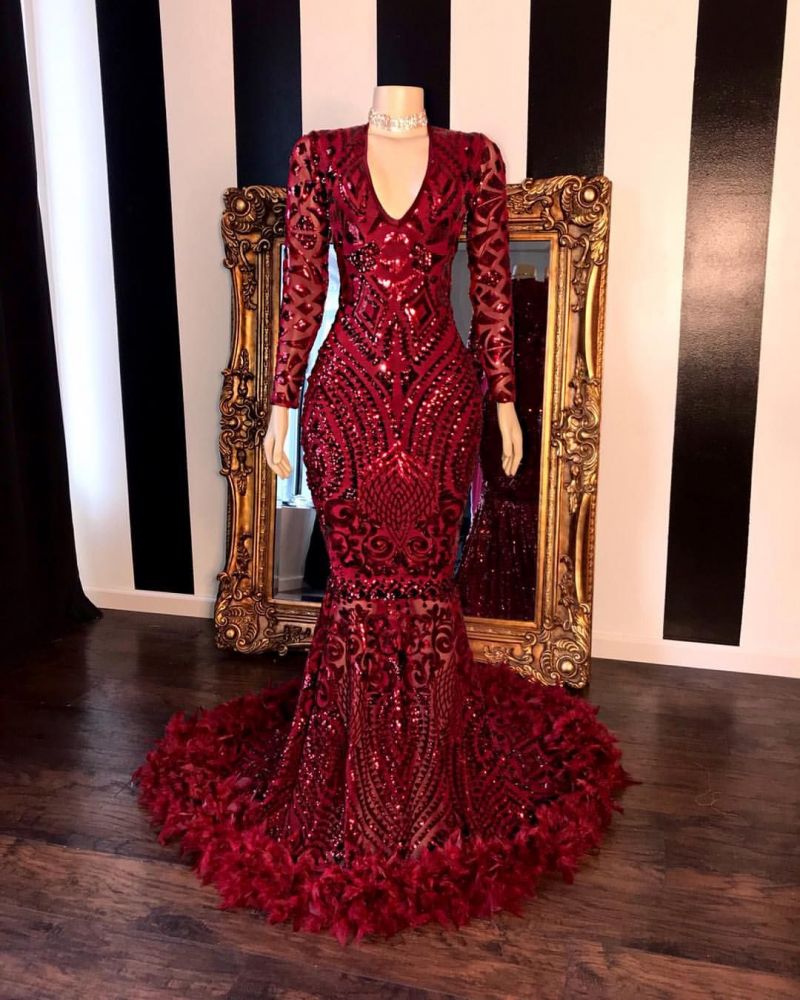 Long Sleeves Burgundy V Neck Long Mermaid Prom Dress Feather With Sequ