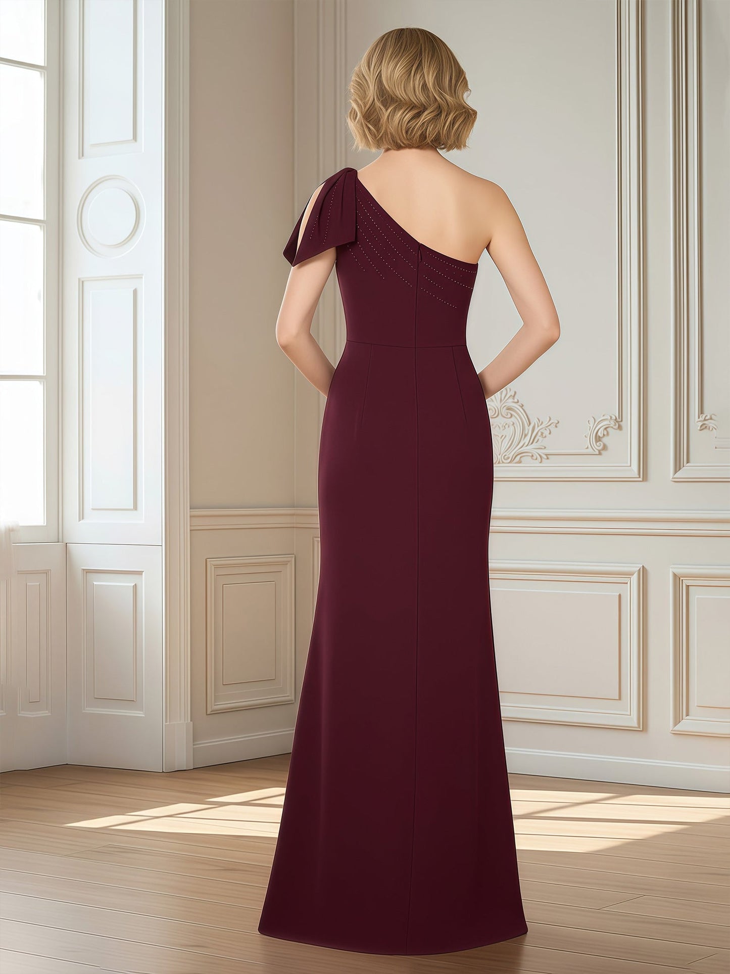 One-Shoulder Column Gown with Draped Asymmetric Neckline Burgundy