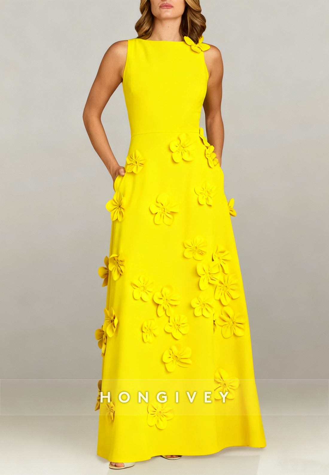 Halter Floor-Length A-line Evening Gown Pleated Flowers Mother of the Bride Dress