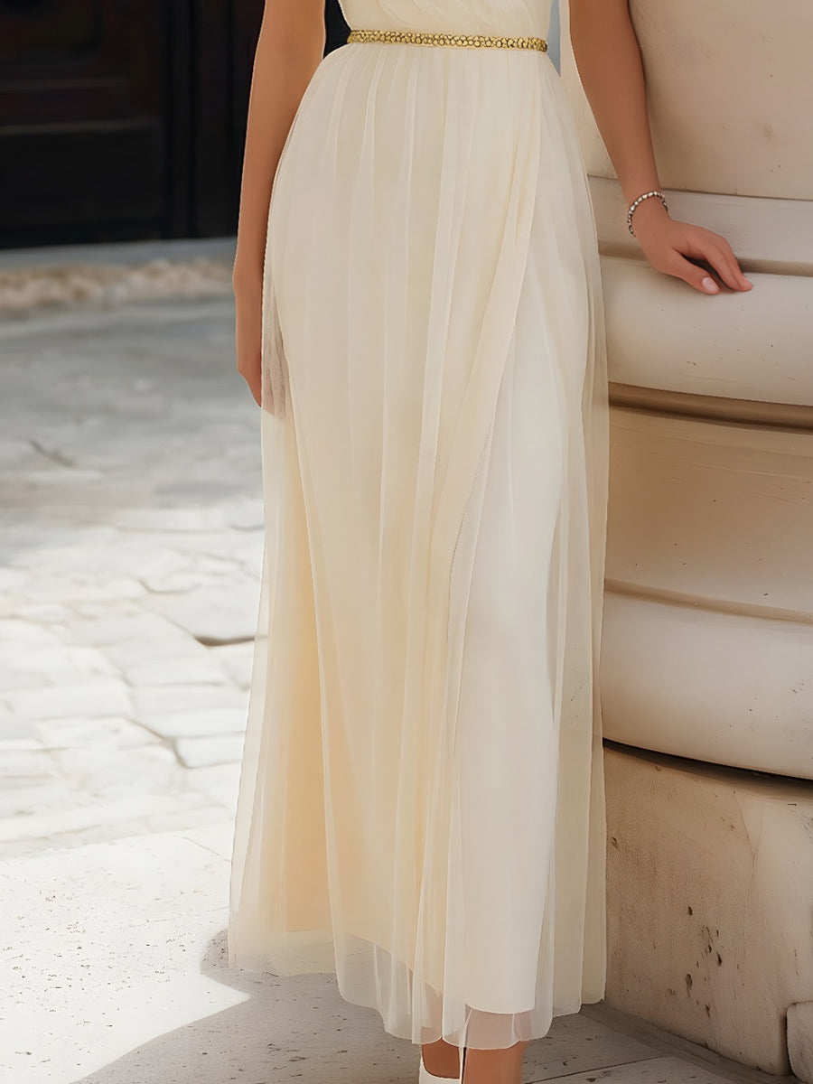 Illusion High-Neck Draped Mesh Maxi Evening Dress