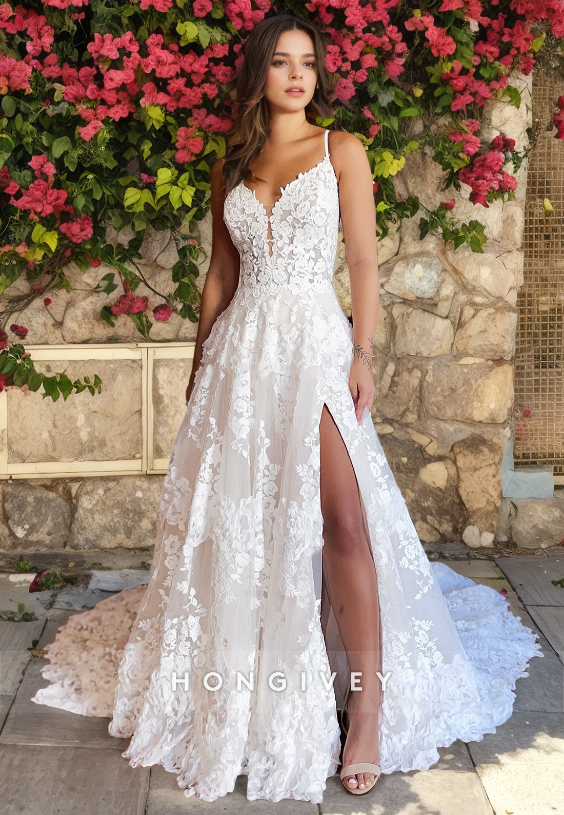 Elegant A-Line V-Neck Spaghetti Straps With Side Slit Lace Wedding Dre Elegant A-Line V-Neck Spaghetti Straps With Side Slit Lace Wedding Dre