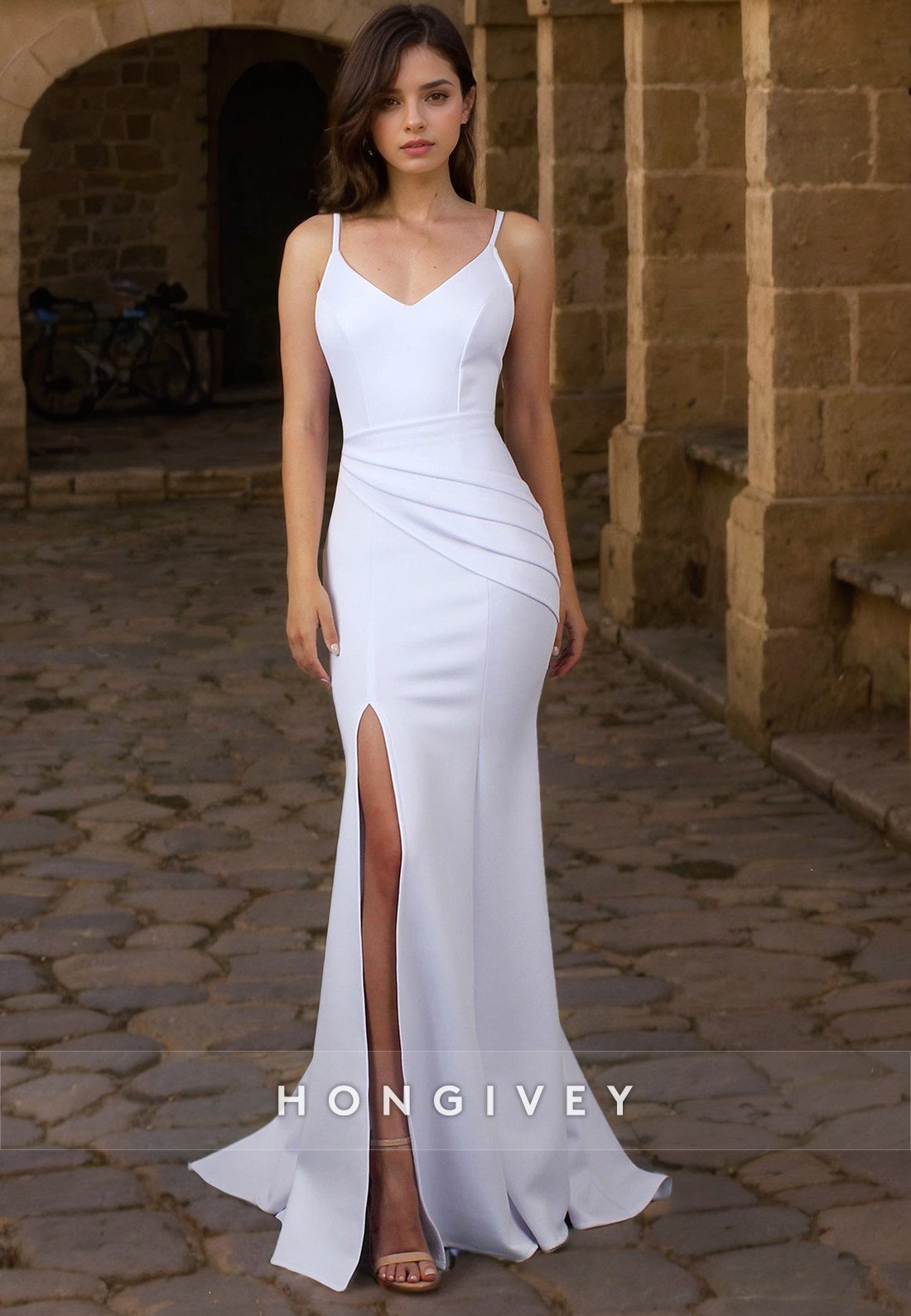 Satin Trumpet V-Neck Spaghetti Straps With Side Slit Wedding Dress Satin Trumpet V-Neck Spaghetti Straps With Side Slit Wedding Dress