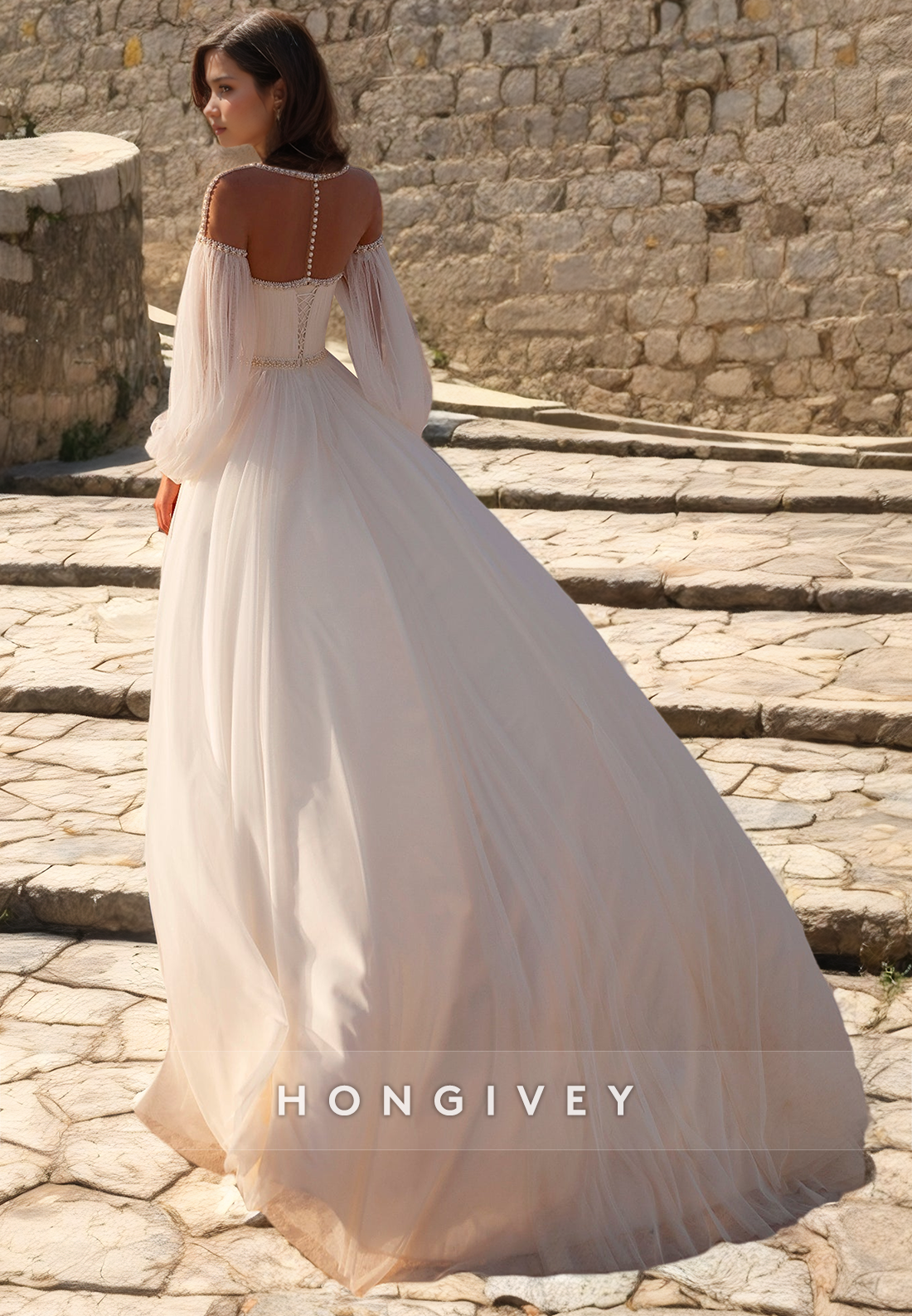 Sheer A-Line Round Long Sleeve Beaded Summer Wedding Dress