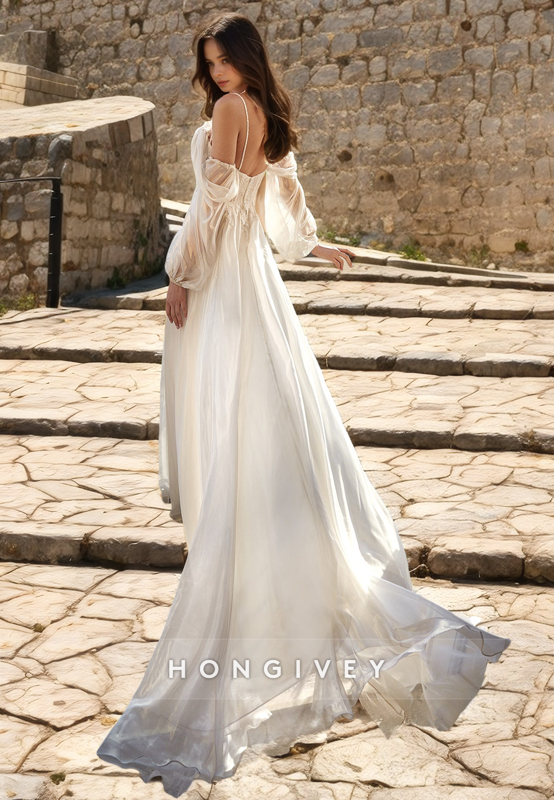 Sheer A-Line Sweetheart Spaghetti Straps Lace Applique High Slit Wedding Dress