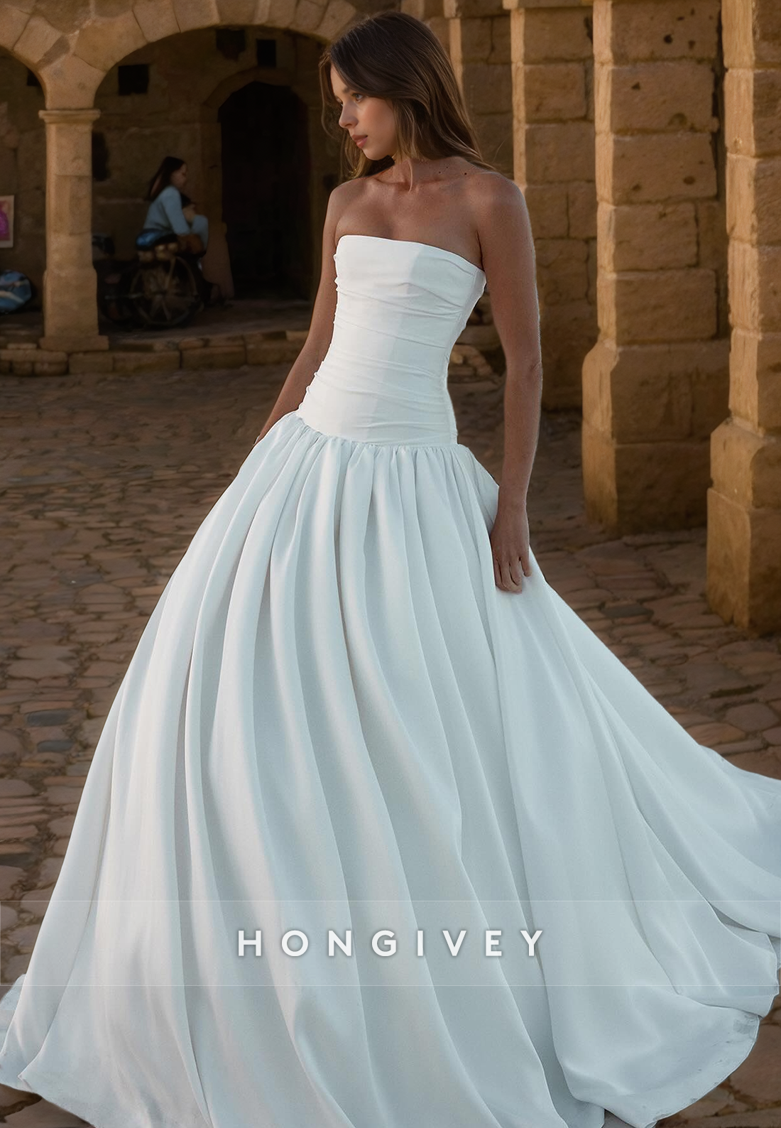 Simple Satin A-Line Strapless Sleeveless With Train Wedding Dress