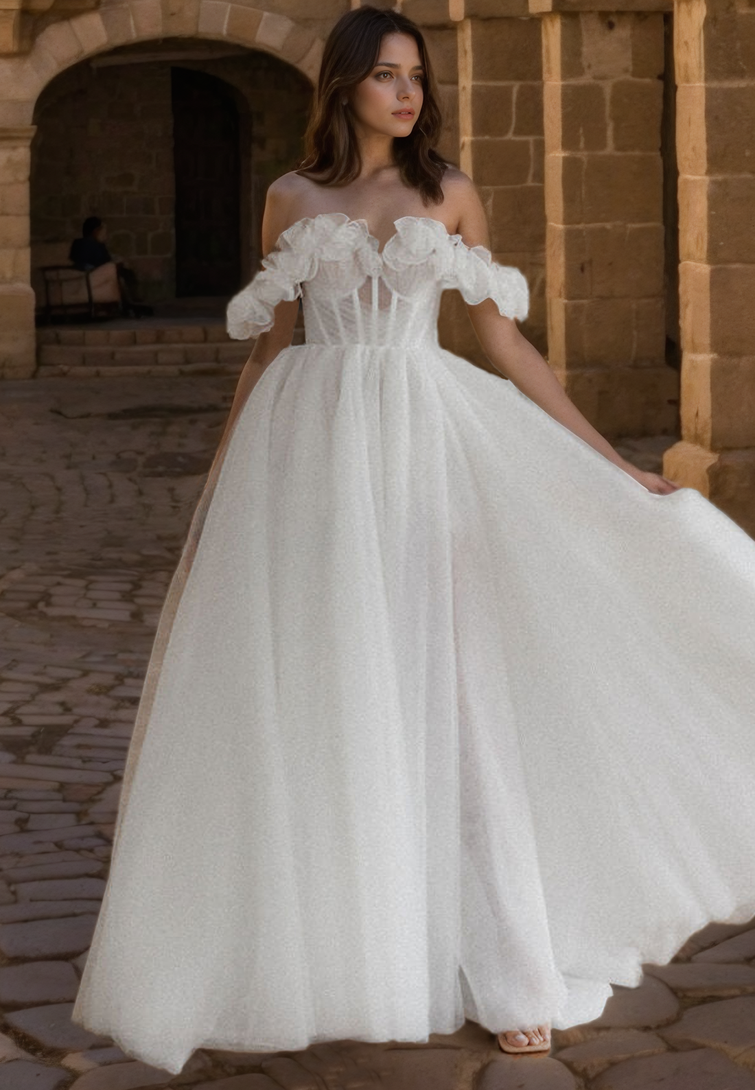 Sheer Tulle A-Line Off-Shoulder Empire Wedding Dress