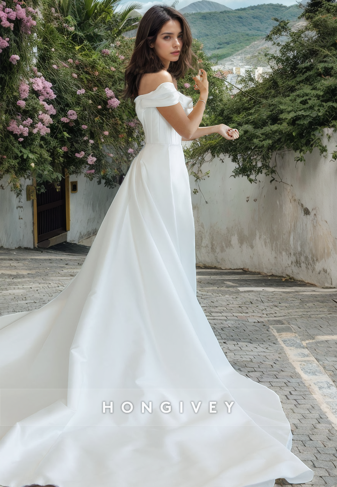 Satin A-Line Off-Shoulder Sleeveless With Side Slit Wedding Dress