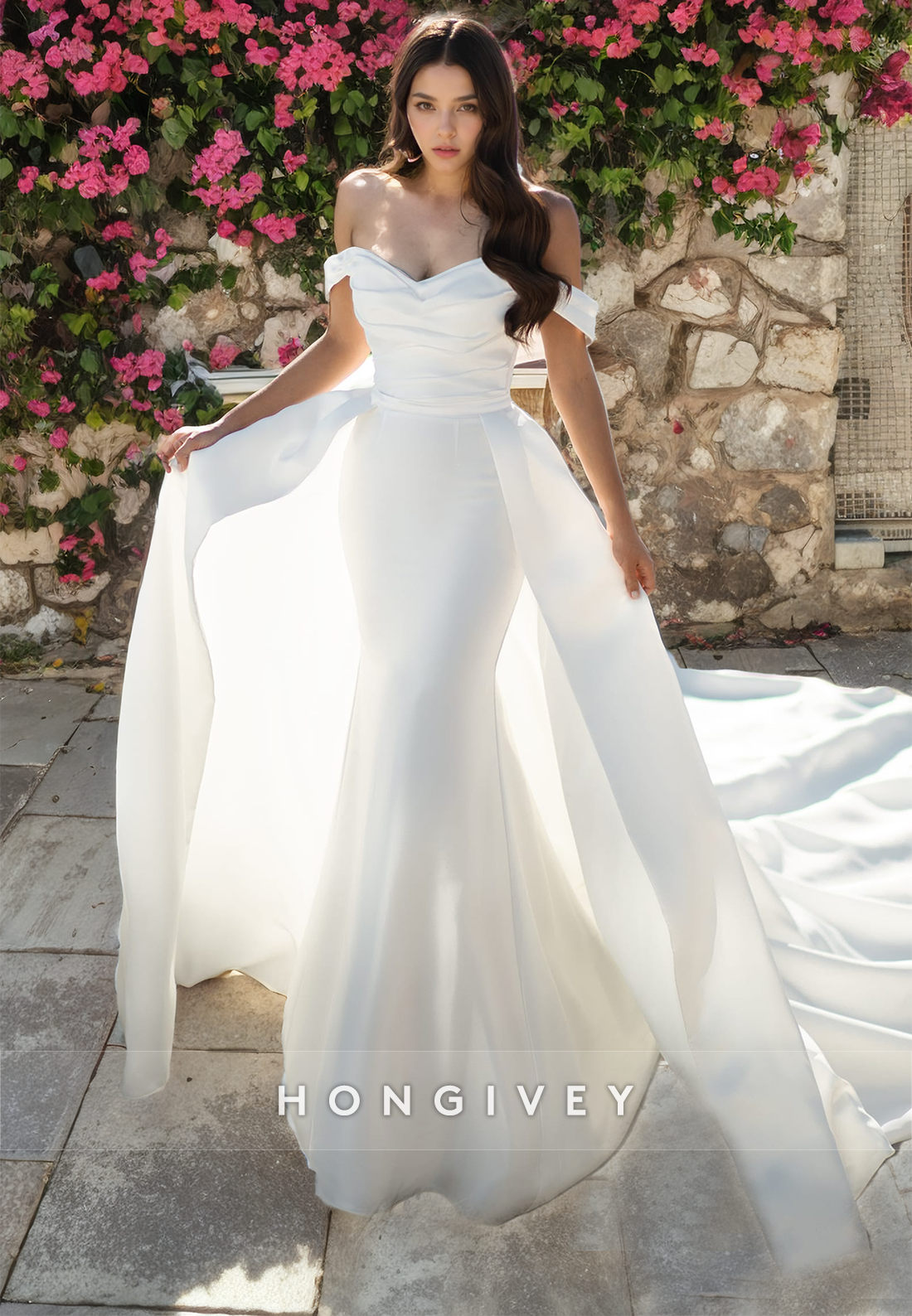 Popular Off-Shoulder With Train Satin Long Beach Wedding Dress