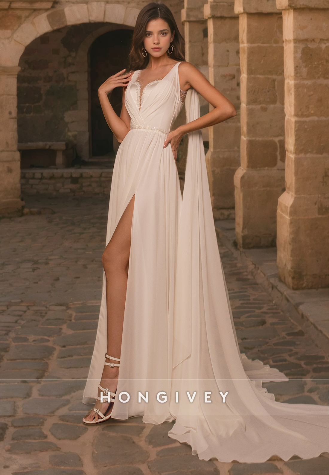 Casual A-Line V-Neck Sleeveless Beaded With Bolero Beach Wedding Dress Casual A-Line V-Neck Sleeveless Beaded With Bolero Beach Wedding Dress