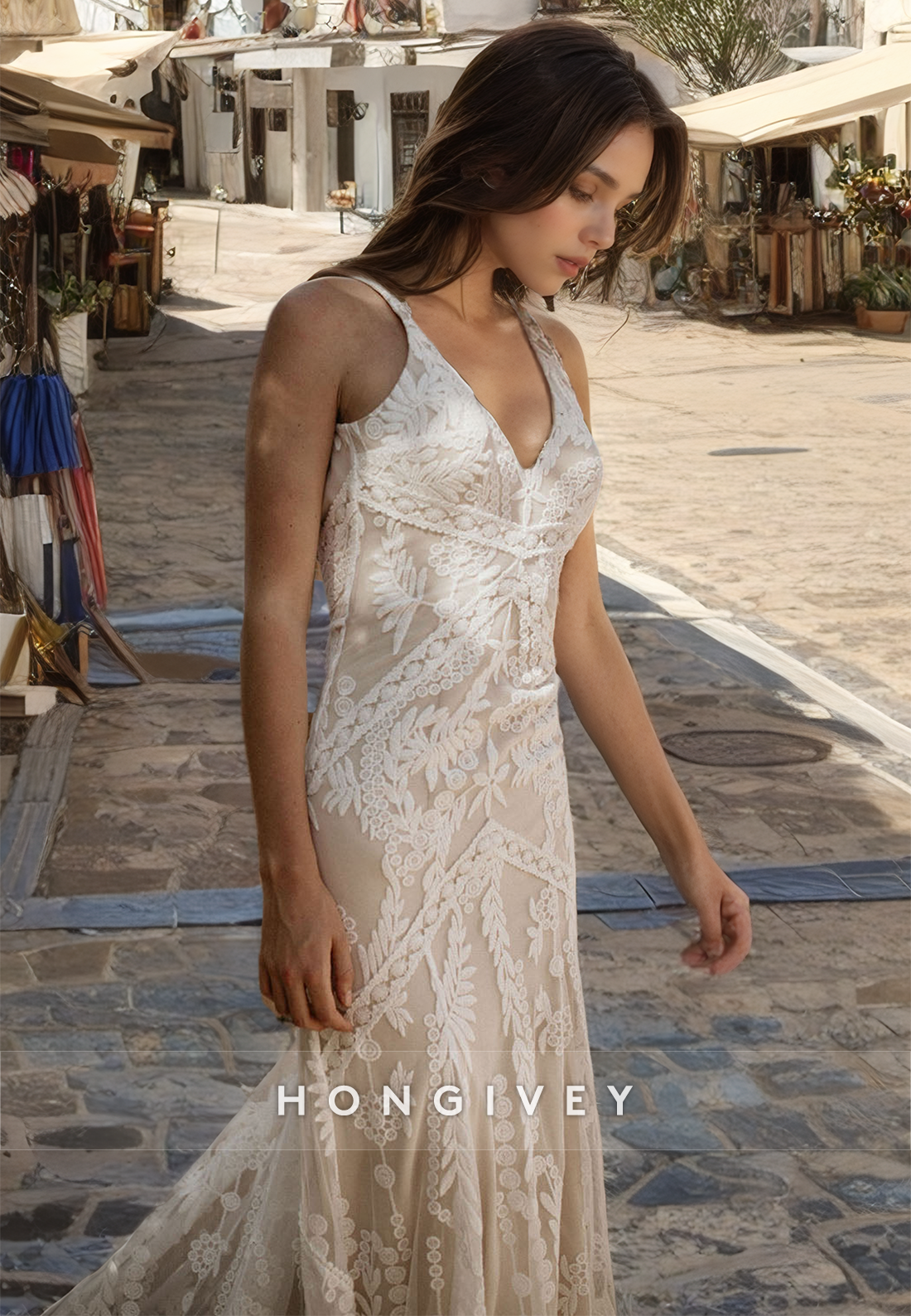 HONGIVEY Sexy Straps Sleeveless Lace Applique Mermaid Wedding Dress with Train 2024