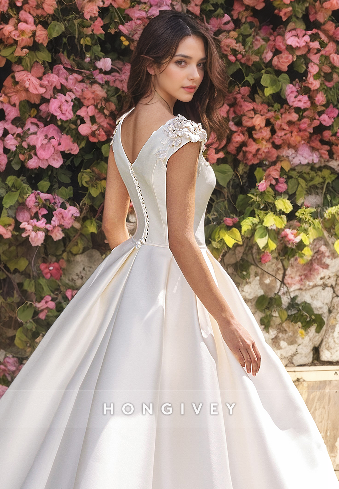 HONGIVEY Elegant Applique Short Sleeves Bateau A-Line Floor-Length Satin Wedding Dress