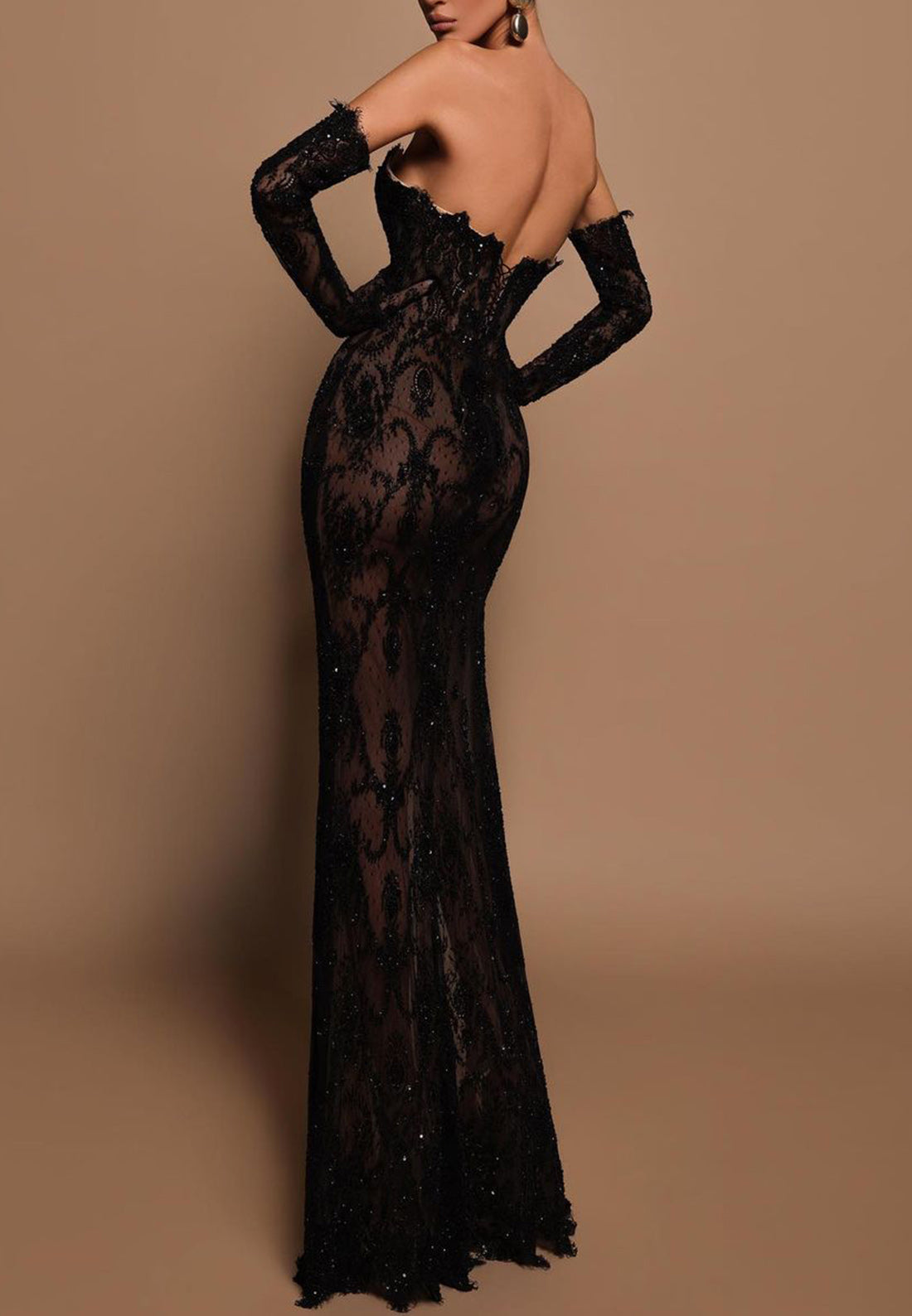 Sexy Sheer Lace Applique Off-Shoulder Sleeves with Slit Sheath Formal Evening Dress