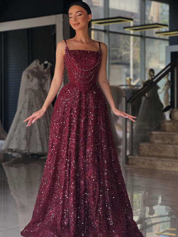 Spaghetti Straps Sleevless Sequins Sparkle A-Line Floor-Length Evening Dress