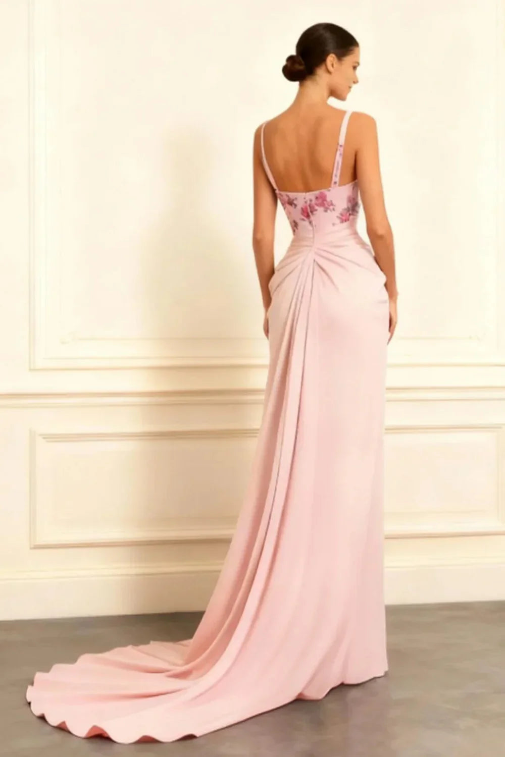 Vintage Formal Women's Dresses Dusty Rose Spaghetti Strap Sleeveless Printing Pleated with Slit Backless Long Prom Dress