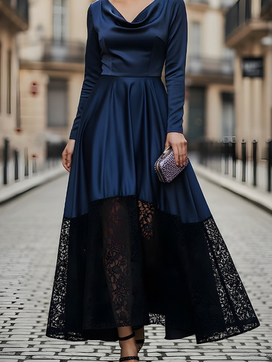 A-Line Lace Cowl Neck Hem High-Low Draped Satin Evening Dress