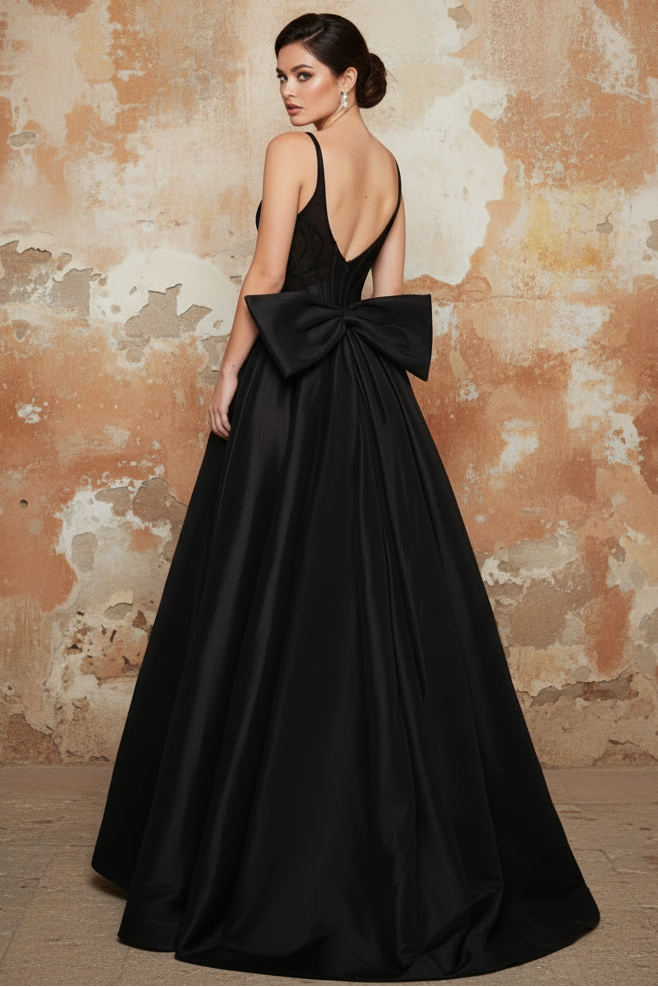 Statement-Bow Long Beaded A-Line Prom Dress