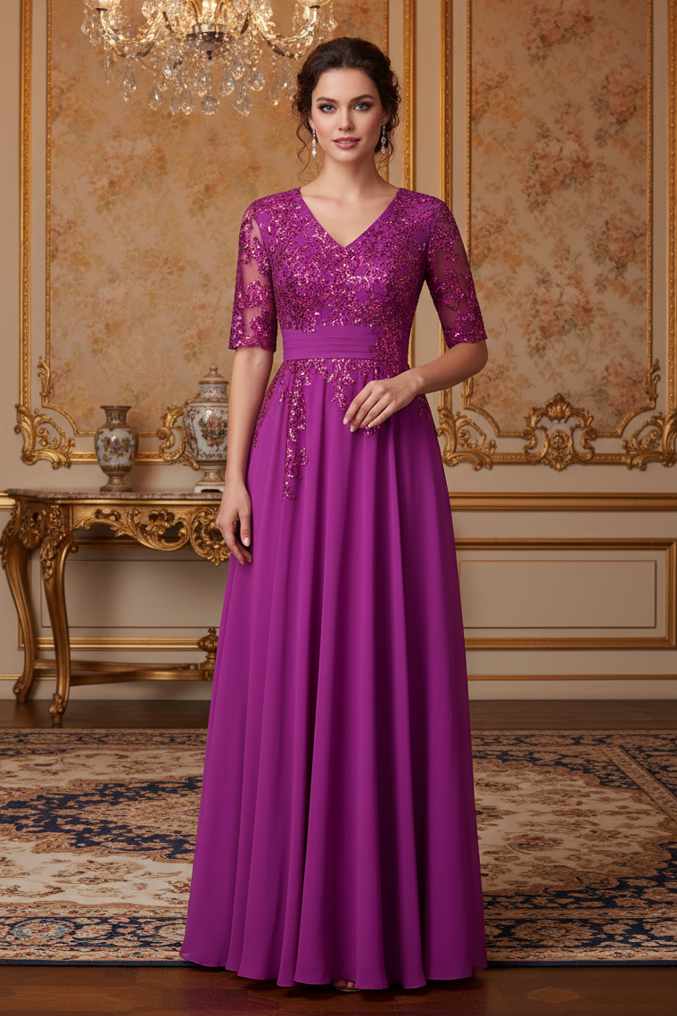 V-neck half sleeved shiny long style official mother of the bride dress