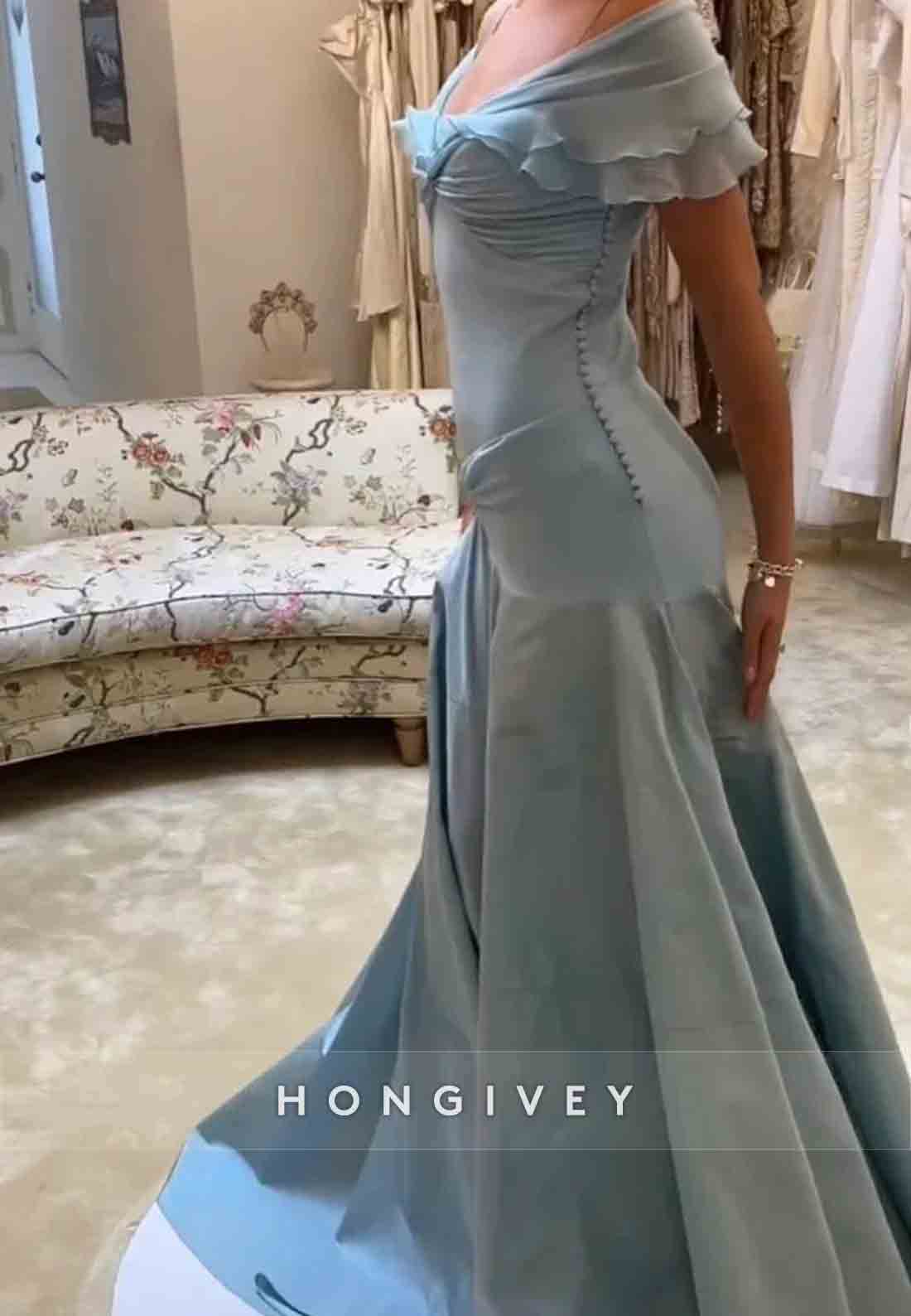 Retro Style Grey Blue A Line Off the Shoulder Long Party Dress with Ruffles