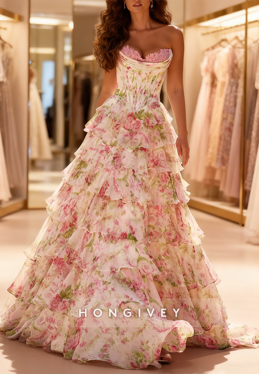 Tassel A-Line Slit Pink Floral Print Prom Dress