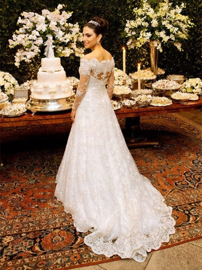 Off the Shoulder Lace A-Line Long Sleeves Appliques Wedding Dress