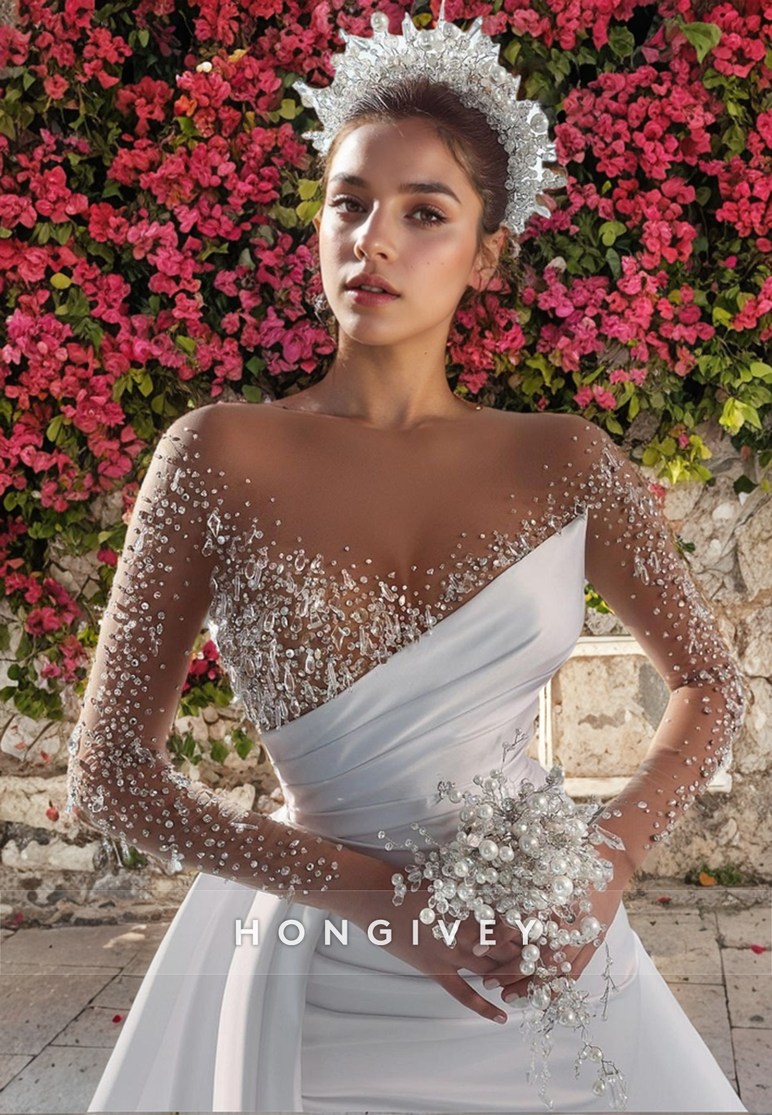 Illusion Cutout Rhinestone Beaded Sparkly With Train Wedding Dress