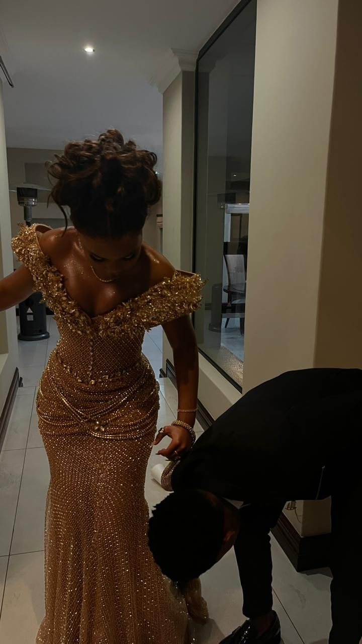 Modest Mermaid Off The Shoulder Gold Sequin With Beaded Sleeves Prom Dresses Long Birthday Party Dress