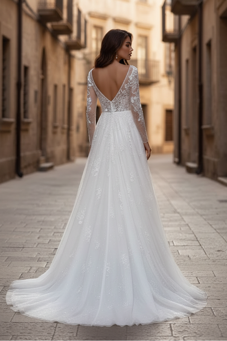 Elegant V-Neck Long Sleeve A-Line Appliques With Side Slit Wedding Dress