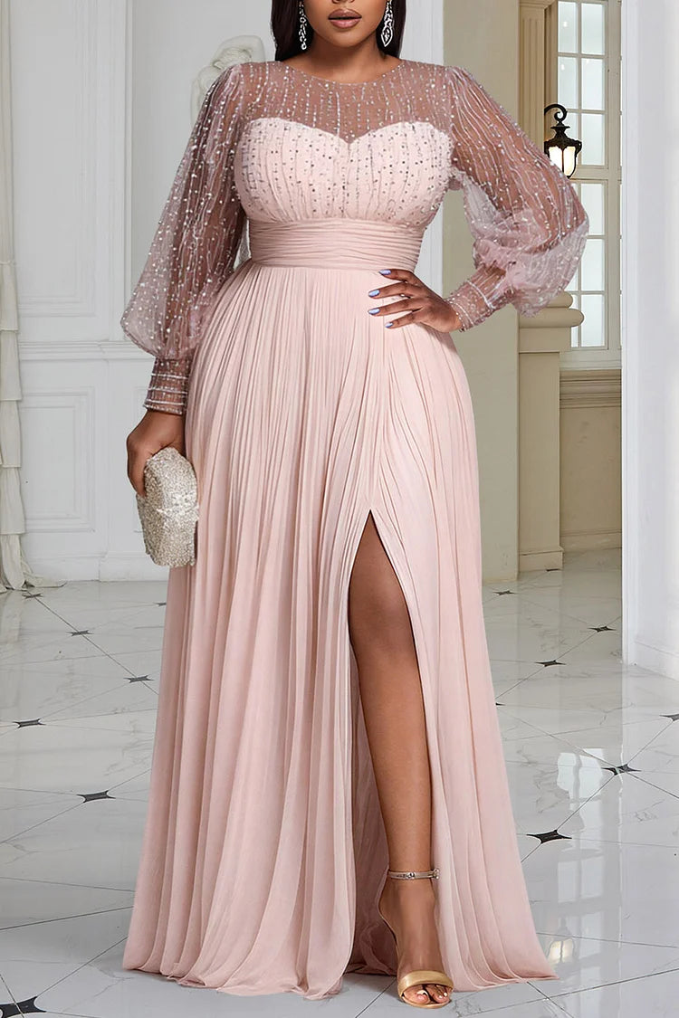 Plus Size Formal Blush Round Neck Long Sleeve Split Elegant See Through Sequin Chiffon Maxi Dresses