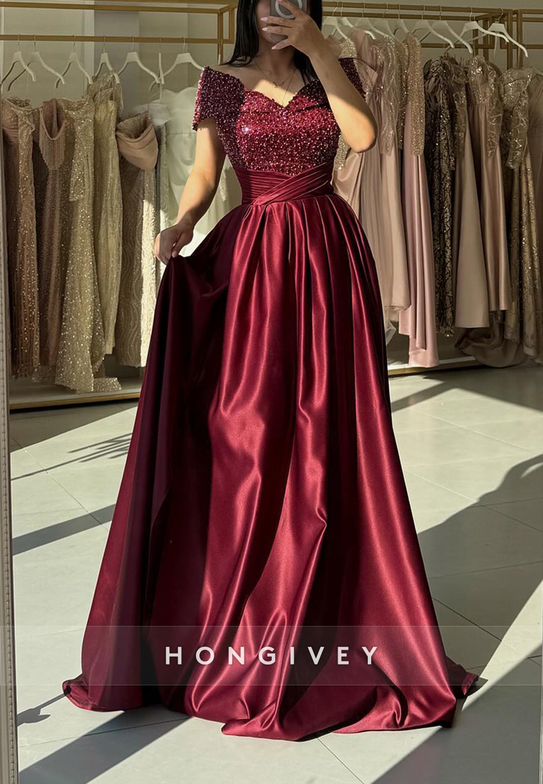 Burgundy Princess Court Train Sequined V Neck Pleated Evening Gowns