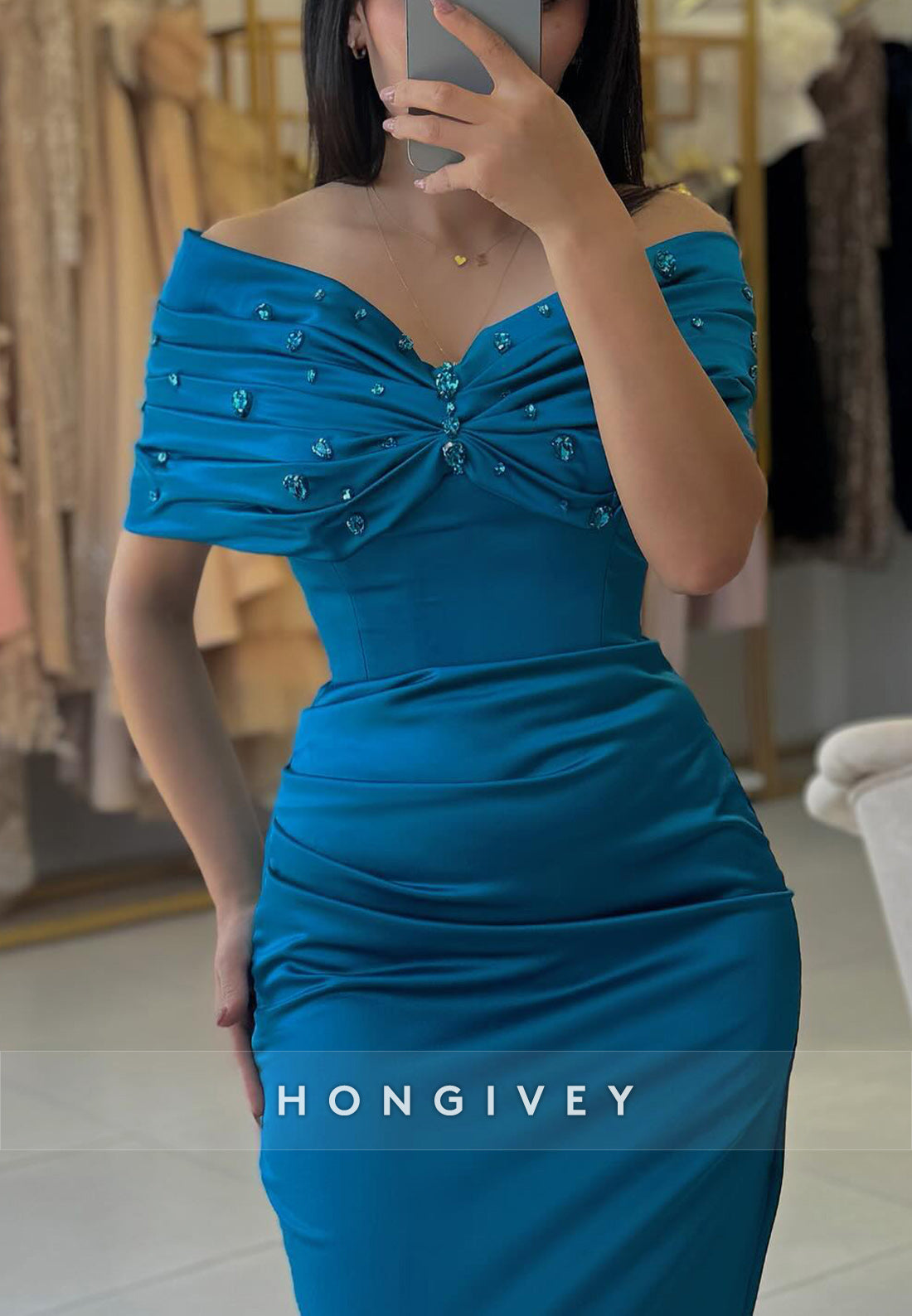 Off the Shoulder Bowknot Sheath Floor-Length Satin Pleated Evening Gown