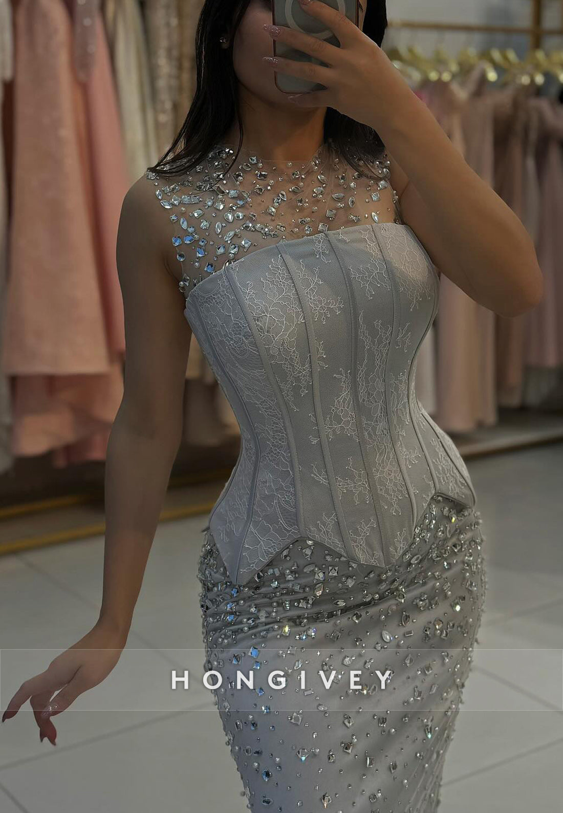 Appliqued Mermaid Floor-Length Halter Sleeveless Rhinestone Evening Gown