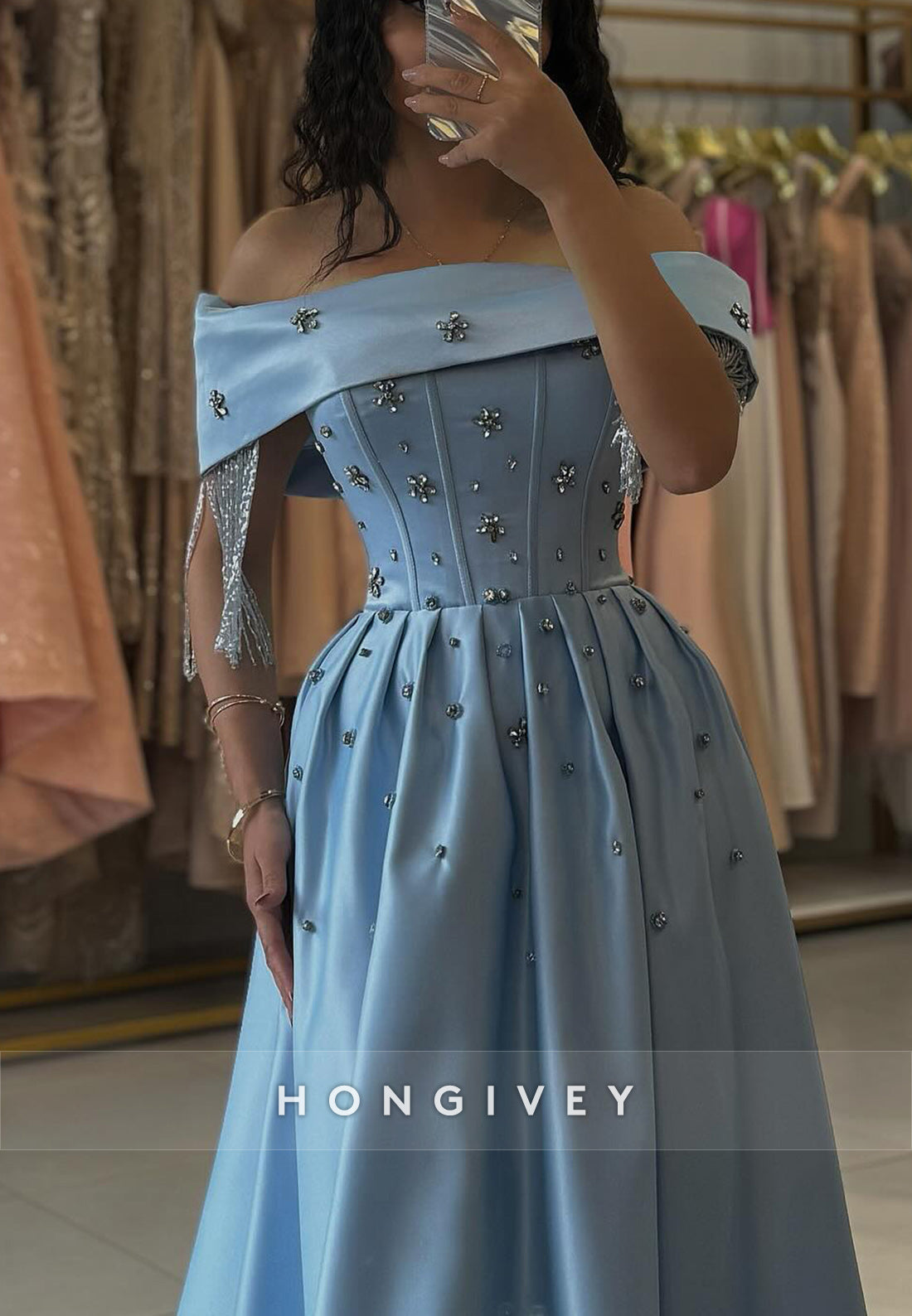 Princess Chapel Train Rhinestone Satin Appliqued Off the Shoulder Evening Gown