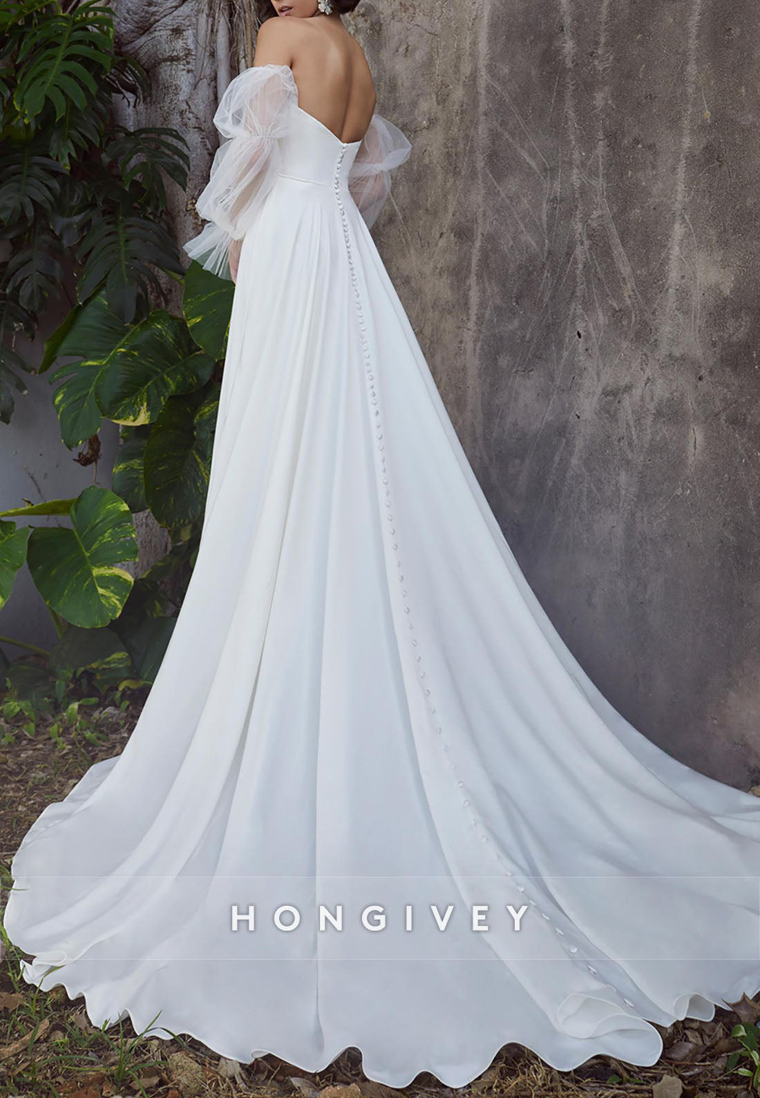 Long Sleeve Off the Shoulder Chapel Train A-line Satin Pleated Low Back Wedding Dresses