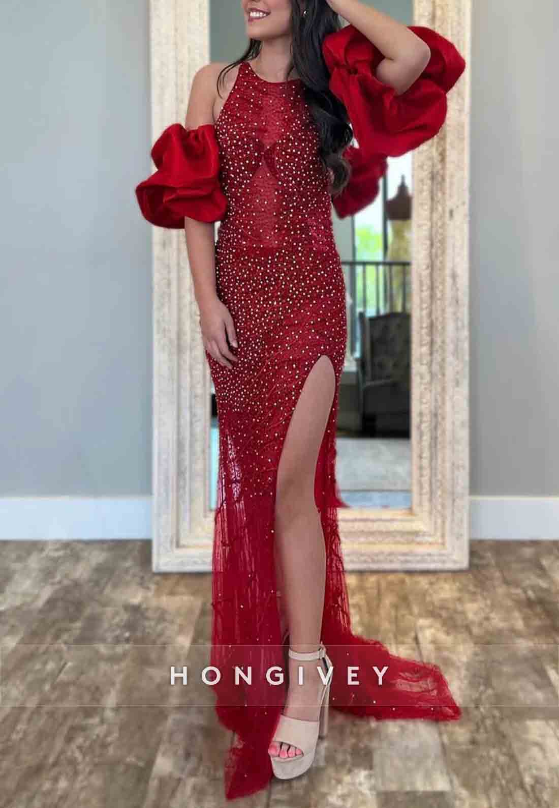 Red Halter Neck Mermaid Open Back Side Slit Prom Dresses with Beading