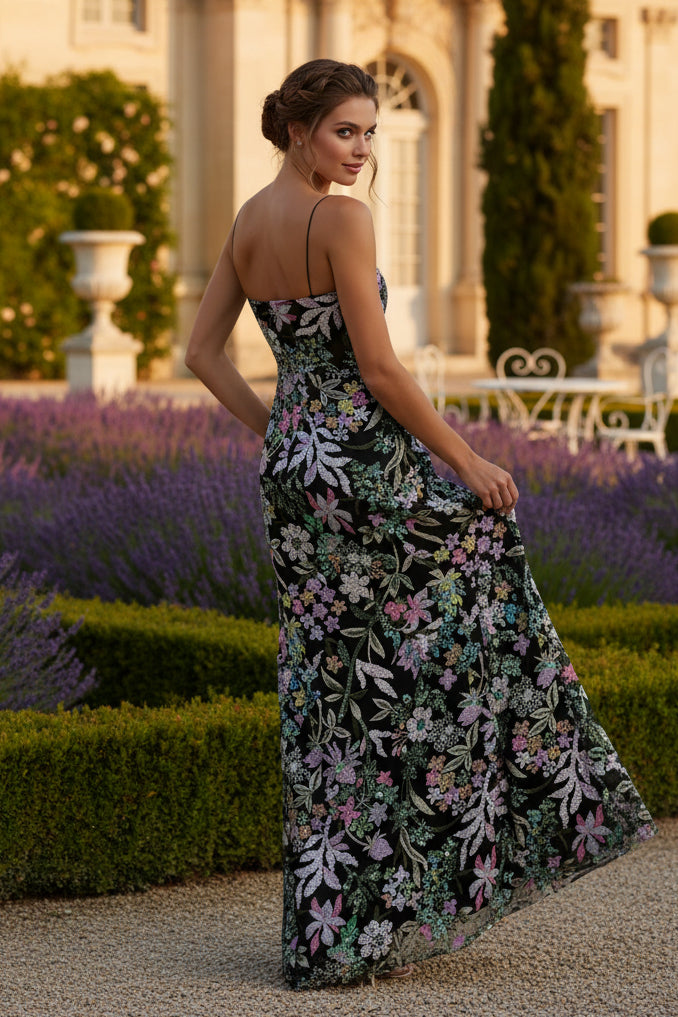 Black Multicolor Embroidered Bustier Trumpet Evening Dress