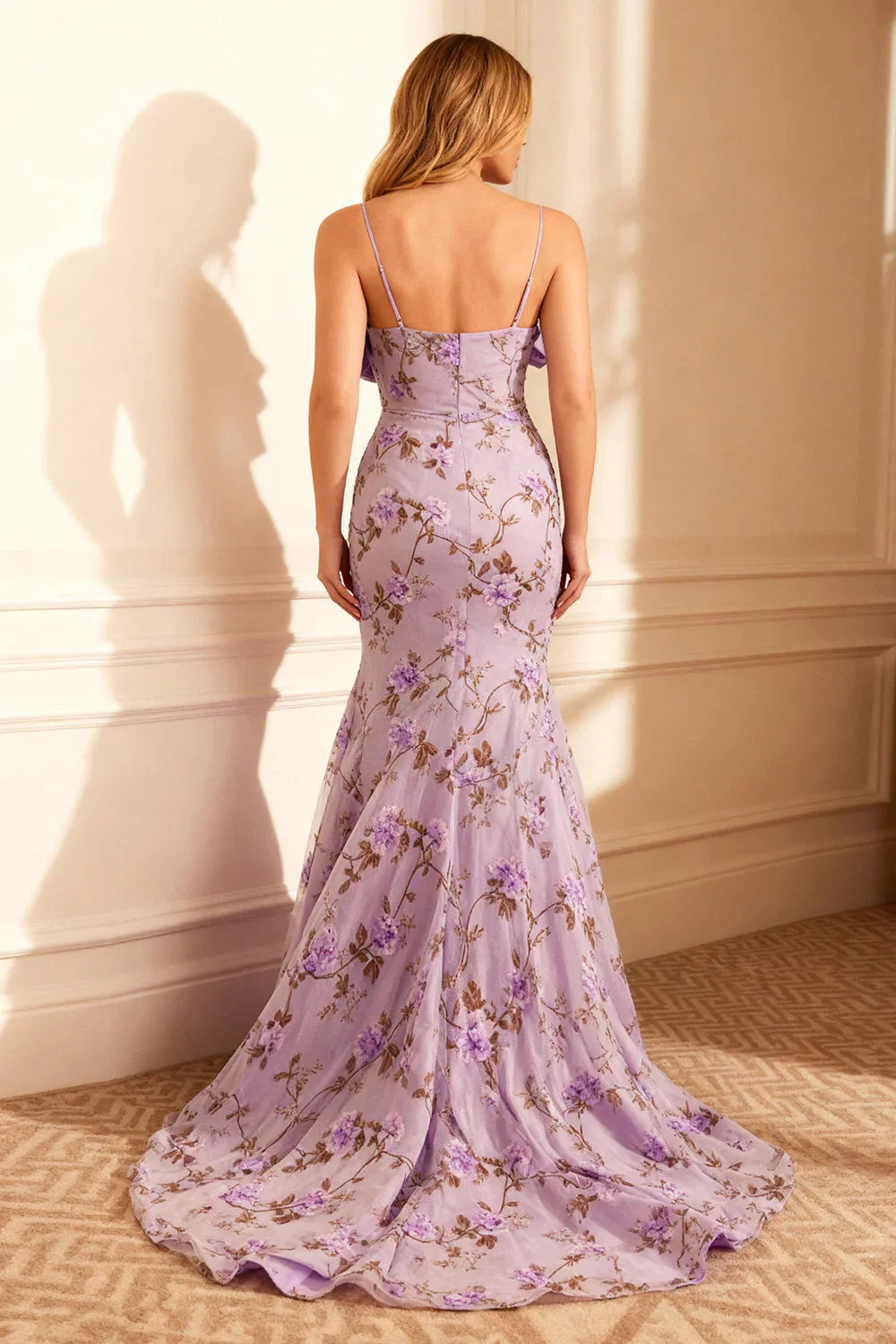 Formal Floral Purple Mermaid Spaghetti Strap Deep Sleeveless with Bow Printing Backless Long Prom Dress