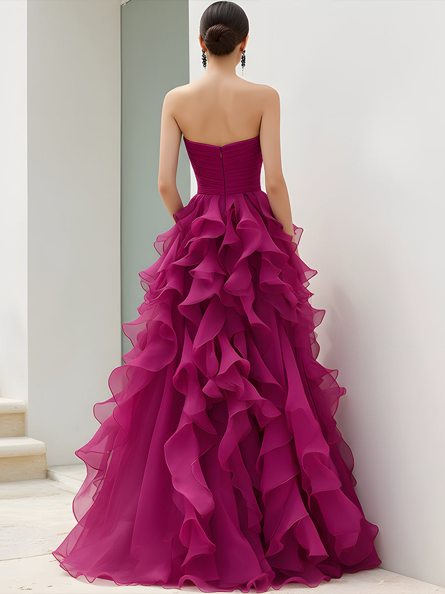 Strapless Magenta Ruffled Ball Gown