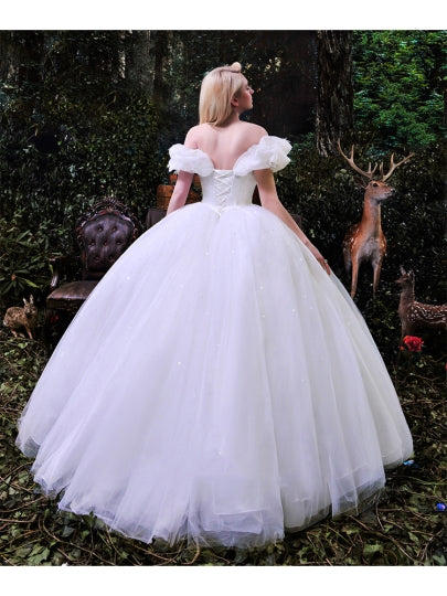 Cinderella White Tulle Ball Gown Wedding Dress