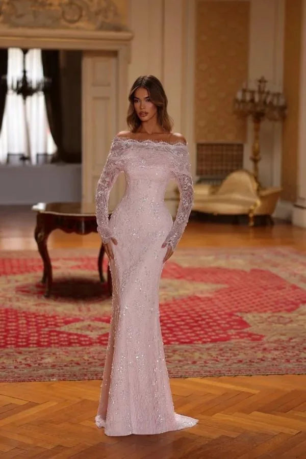 cold shoulder glitter lace mermaid dress Off-The-Shoulder Strapless Long Sleeves Long Wedding With Sequins Custom Color Wedding Dresses for Sale Evening Dress Size:190cm/75