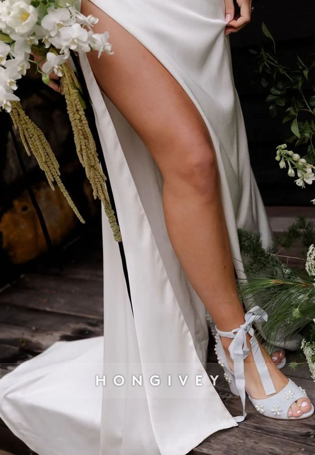 One Shoulder High Slit Satin Pleated Sweep Train Wedding Dresses