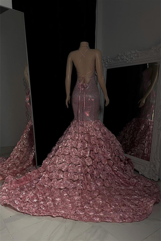 Modern Dusty Pink Sleeveless Mermaid Sequins Prom Dress Long With Flowers Bottoms