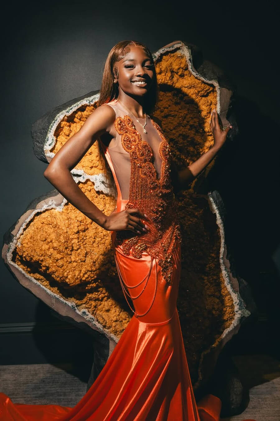 Modern Orange Sleeveless Mermaid Prom Dress With Beadings On Sale