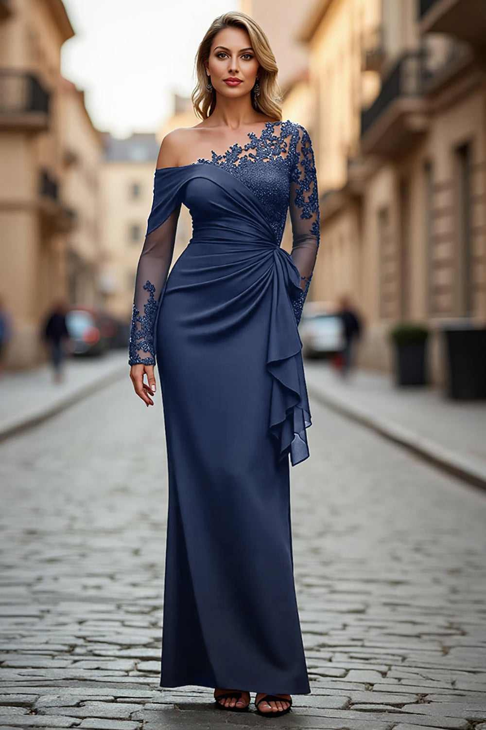 Plus Size Black Ruched One Shoulder Long Sleeves Mother of the Bride Dress with Appliques