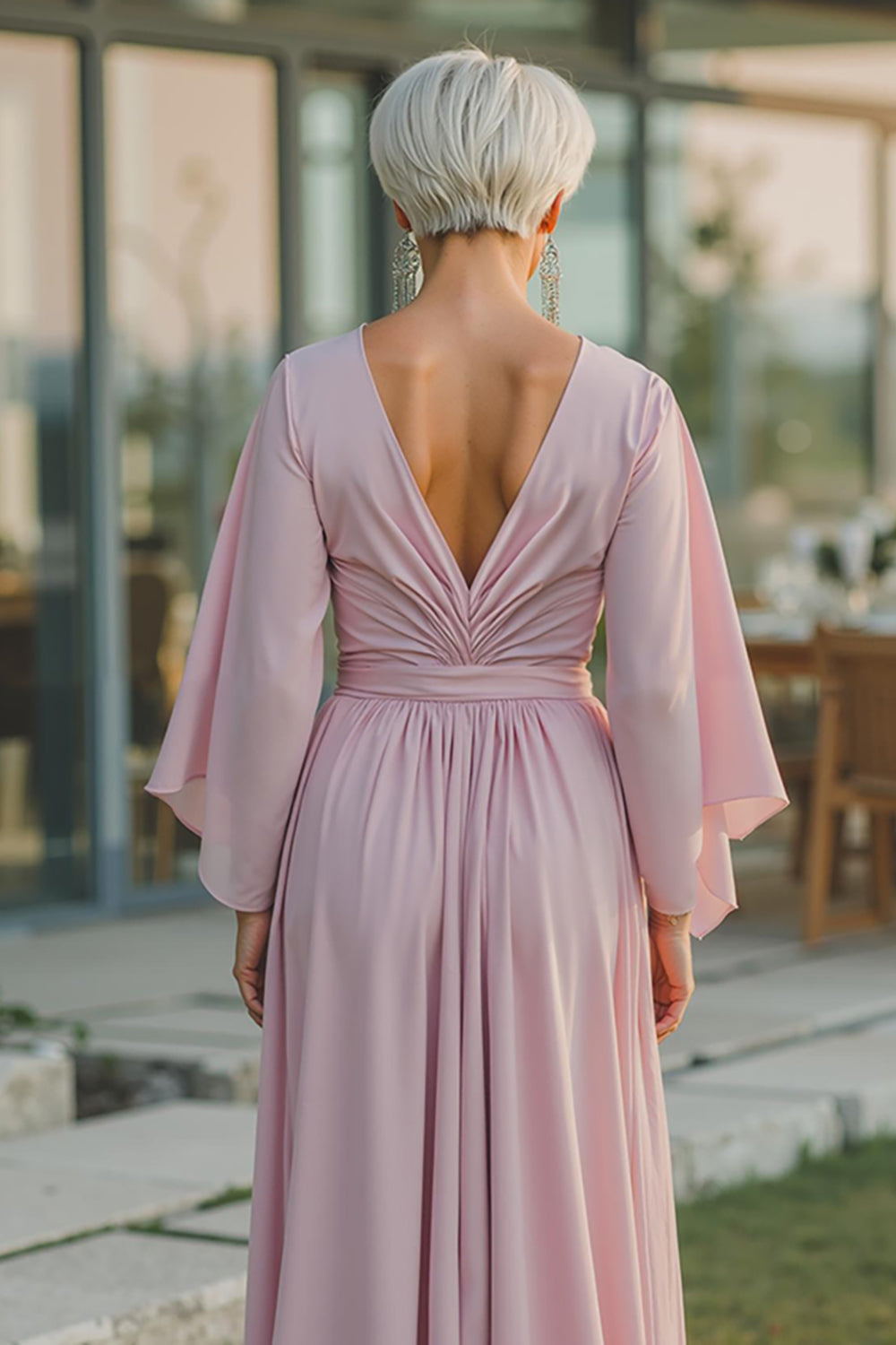 Dusty Rose Chiffon V-Neck Ruched Long Mother Of The Bride Dress with Half Sleeves