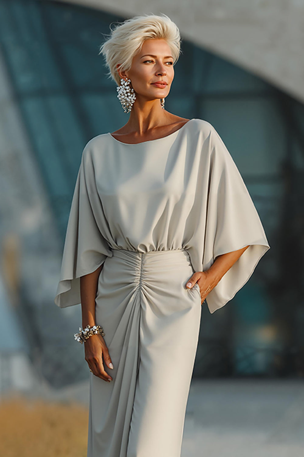 Silver Boat Neck Sheath Long Mother Of The Bride Dress